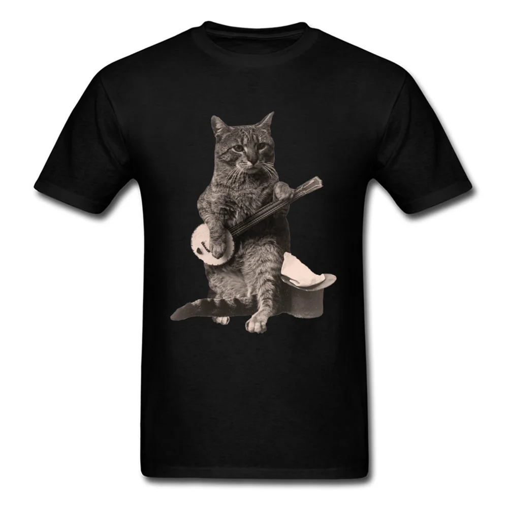 Cat Playing Banjo Guitar ostern Day Pure Cotton O-Neck Tops & Tees Short Sleeve Custom Tee Shirts Coupons Normal T Shirts Cat Playing Banjo Guitar black
