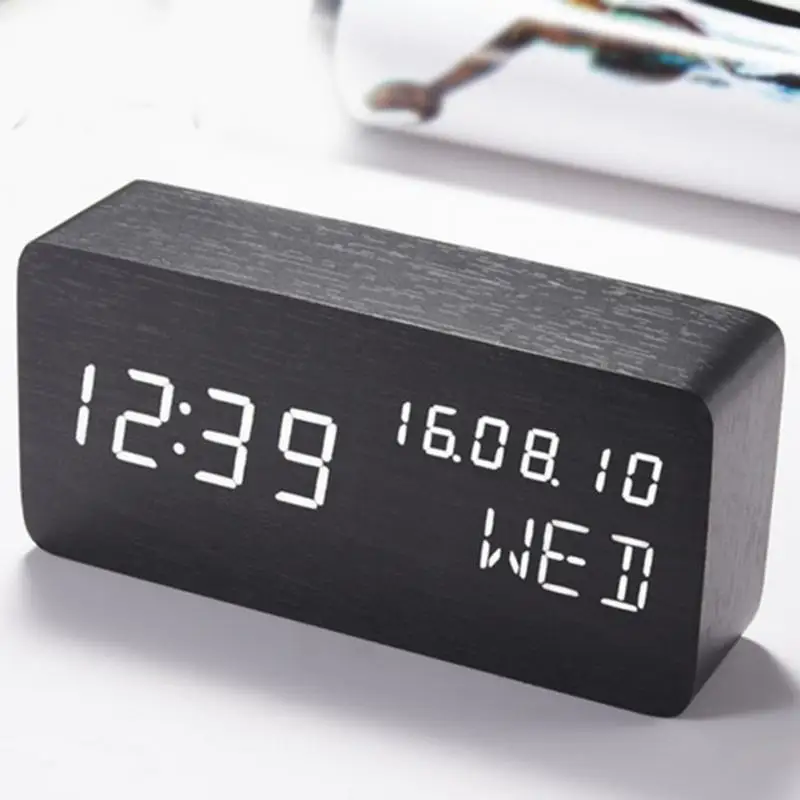 LED Cube Wooden Clock Voice Control Electronic Desk Table Clock LED Digital Watch no Radio For Kids Bedside Alarm Clock