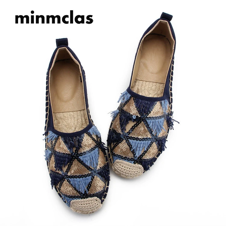 

2019 Alpargatas Espadrilles Cartoon Comfortable Slip-on Womens Casual Slippers Breathable Flax Hemp Canvas Girls Tassel Sequin