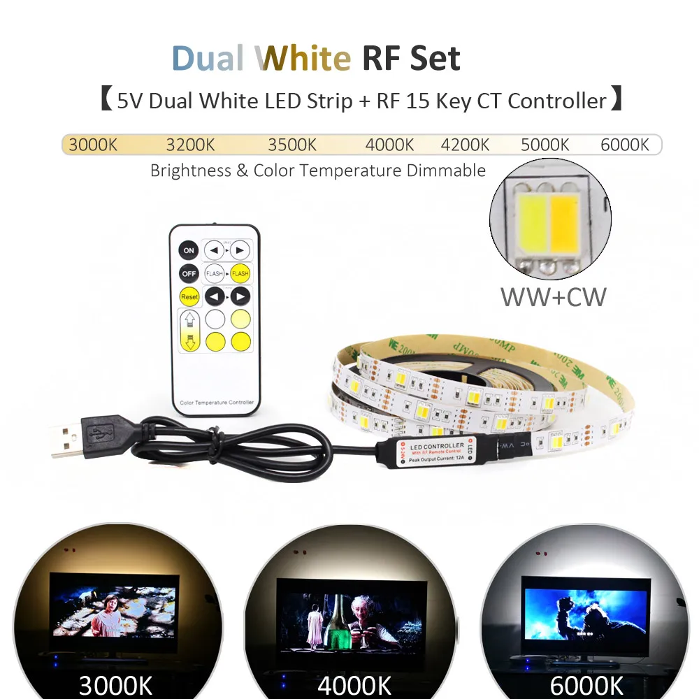 Светодиодная лента Bluetooth USB 5 V SMD 5050 3528 Водонепроницаемая RGB CCT Беспроводная Музыка USB светодиодные осветительные полосы для компьютера ТВ светильник - Испускаемый цвет: Dual White RF Set