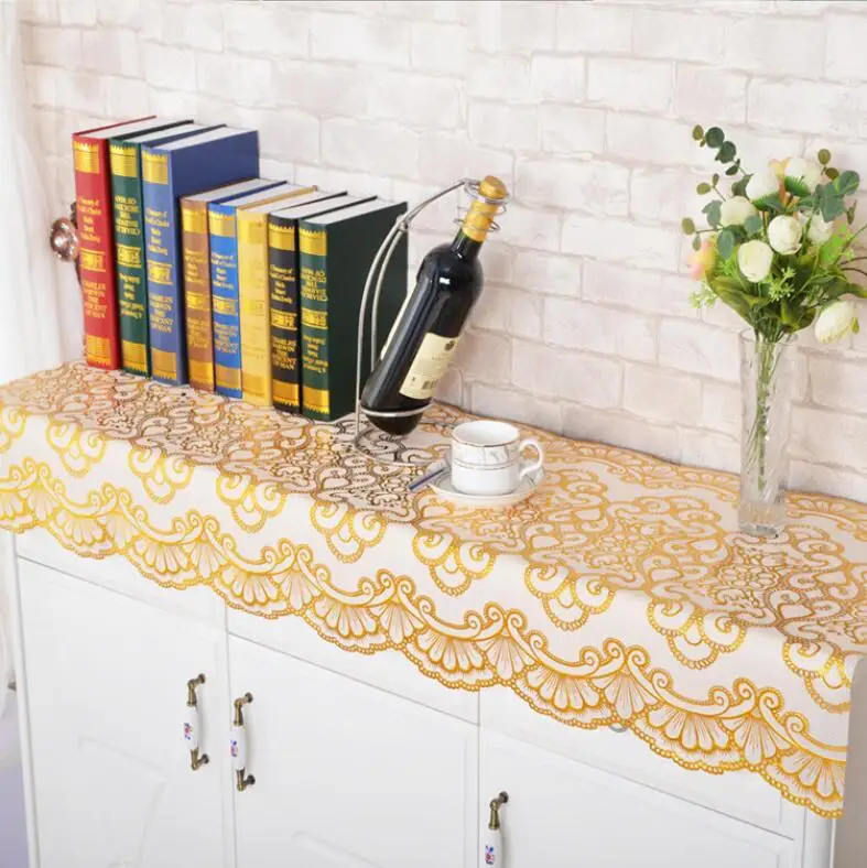 التذهيب PVC سماط للماء Oilproof البلاستيك الجدول يغطي التلفزيون الوقوف يغطي الأزهار المطبوعة الدانتيل حافة مكافحة الساخن مجلس الوزراء القماش
