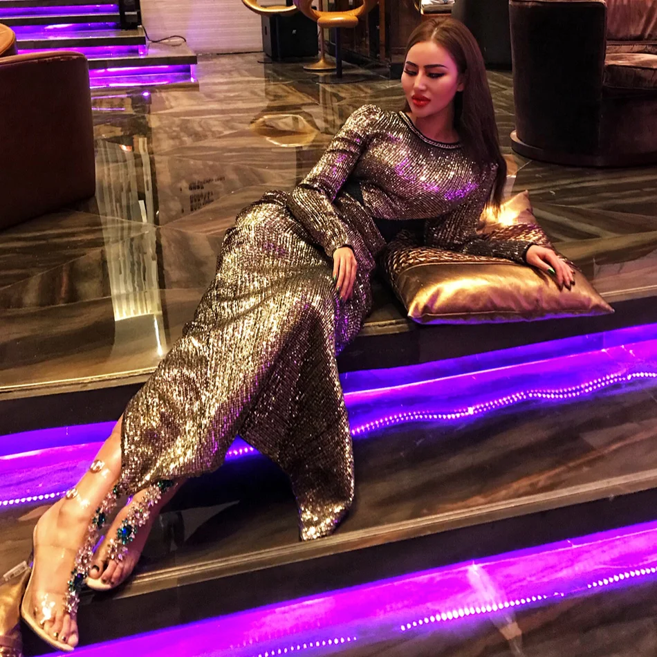 Round Neck Slit Striped Long Sleeve Maxi Dresses