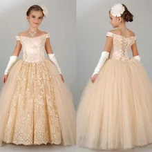 Pageant Платья Для Девочек Подростков С Плеча Аппликации Кружева Цветок Девочки Платья Шампанское Дети Зашнуровать Платье Рождения