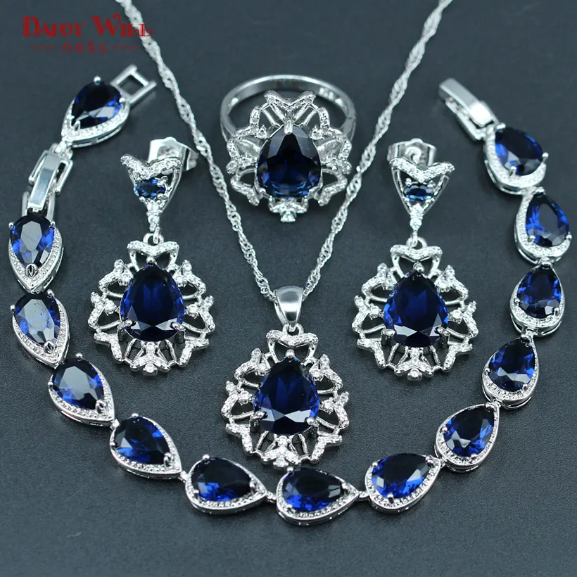 Luxury Blue Jewelry Sets For Women Wedding White Zircon 925 Silver Color Bracelets Necklace