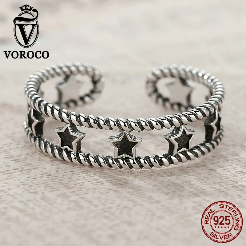 

VOROCO Authent Sterling Silver 925 Open Ring Oxidation Stars Double Black Zirconia Adjustable Ring Woman Man Fine Jewelry VSR028