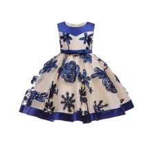 Длина до колена, для детей от 3 до 10 лет, для вечеринки, г. дизайн, лоскутное голубое платье с цветочным узором для девочек, пышное детское вечернее платье