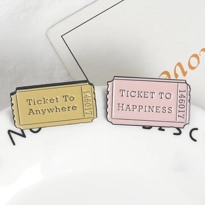 

Cartoon Badges Movie Tickets Brooches for Women Letter TICKET TO HAPPINESS Ticket To Anywhere Enamel Pin Backpack Jewelry Gifts
