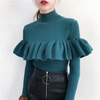 

Autumn Winter Sweater Women Long Sleeve Solid Ruffle High Neck Sweaters Knitted Pullover 2020 Korean Fashion Jumper Pulll Femme