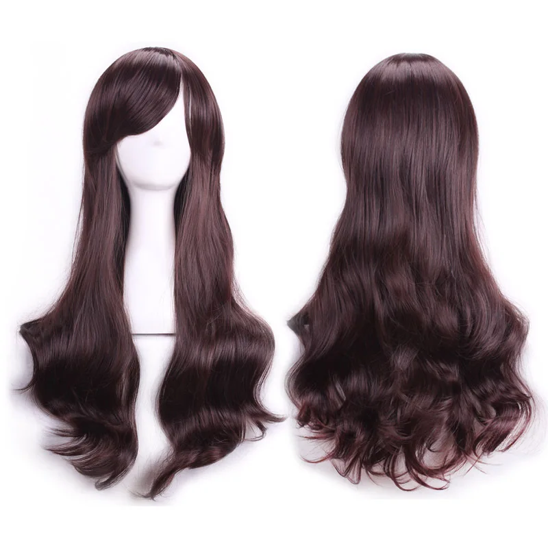 

Women Dark Brown Wavy Curly Sexy Pelucas Natual Realistic Wigs Cosplay Wigs Perruque Peruca Cheap Synthetic Hair Wigs Bangs