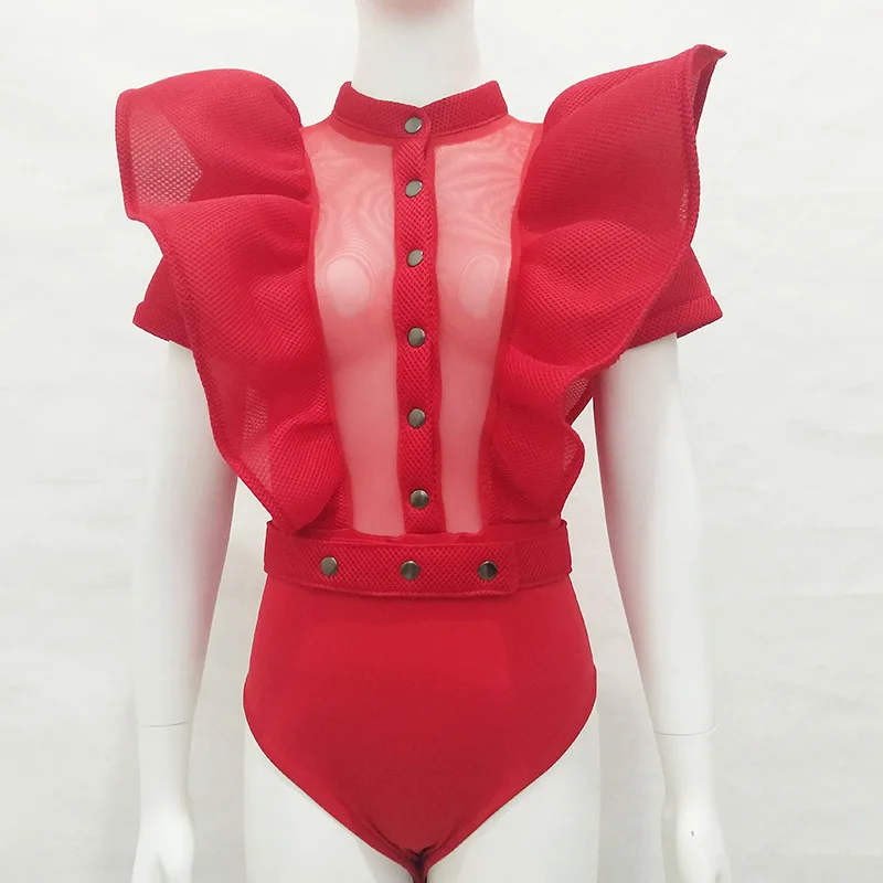high quality Ruffles Bodysuit Women Hollow Out knitted Rompers Sexy jumpsuit Mesh Bodycon Overalls 