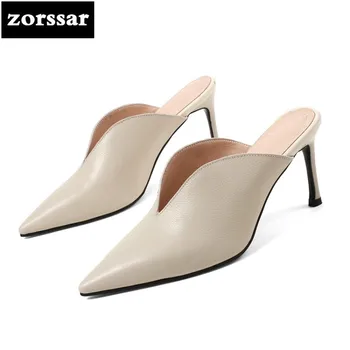 

{Zorssar} Genuine Leather High heels slippers womens sandals 2018 Woman Slides Summer shoes women mules shoes Female Footwear
