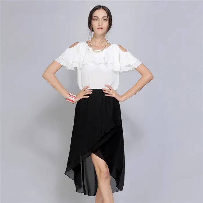 Дизайн, двухслойная Женская высокая низкая юбка, повседневная юбка для девочек, сексуальная шифоновая юбка с асимметричным подолом