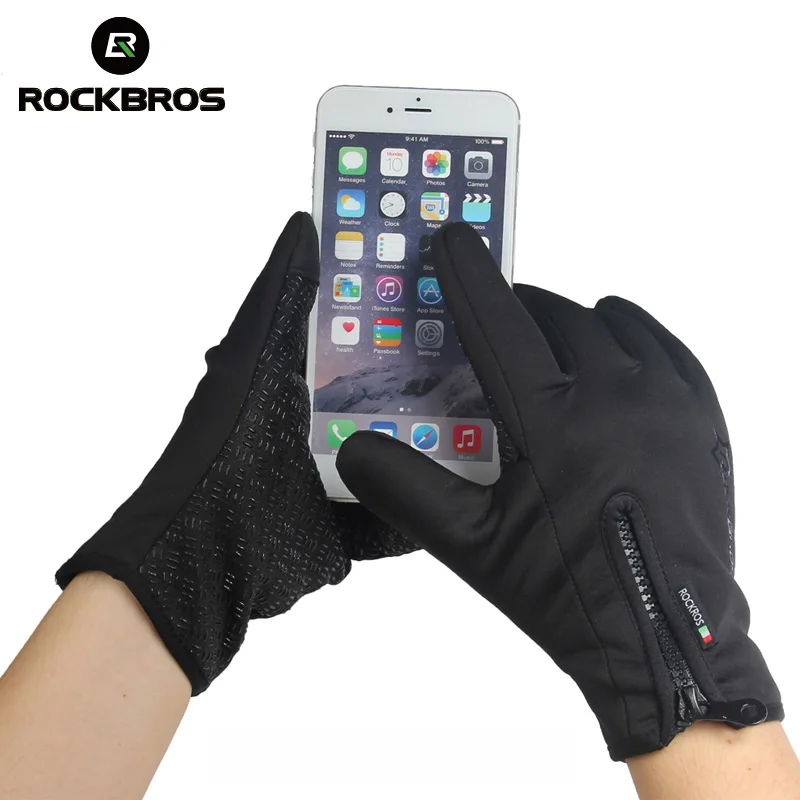 ROCKBROS الشتاء مكافحة الانزلاق على الجليد تزلج كامل الإصبع قفازات الحرارية للماء التزلج قفاز الرجال النساء دراجة نارية الدراجات قفاز