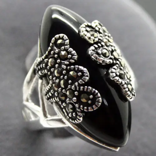 925 SILVER 11*24mm NATURAL BLACK Natural Stone Handcrafted Ring SIZE 7/8/9/10 | Украшения и аксессуары
