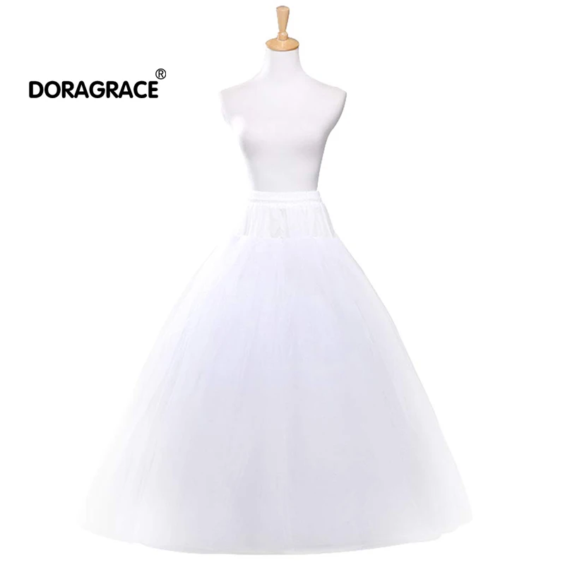 

Doragrace White A-line Wedding Accessories Ball gown 4 layers tulle hoopless Petticoat Crinoline Skirt Adjustable Waist