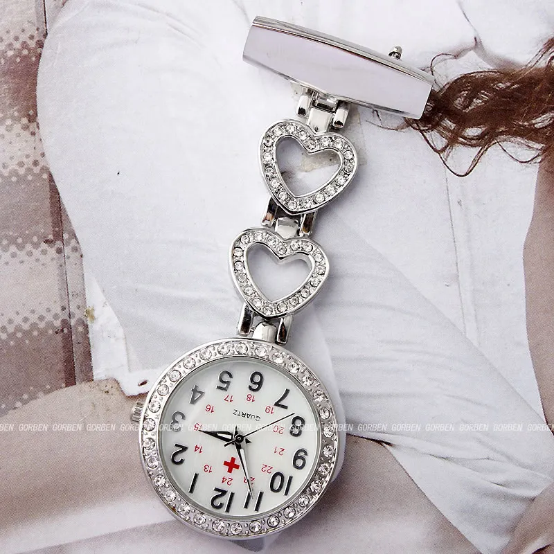 В форме сердца, со стразами часы для медсестры Женская медицинская роскошная брошь булавка На клипсе карман кормящих Fob часы для доктора фельдшер подарок