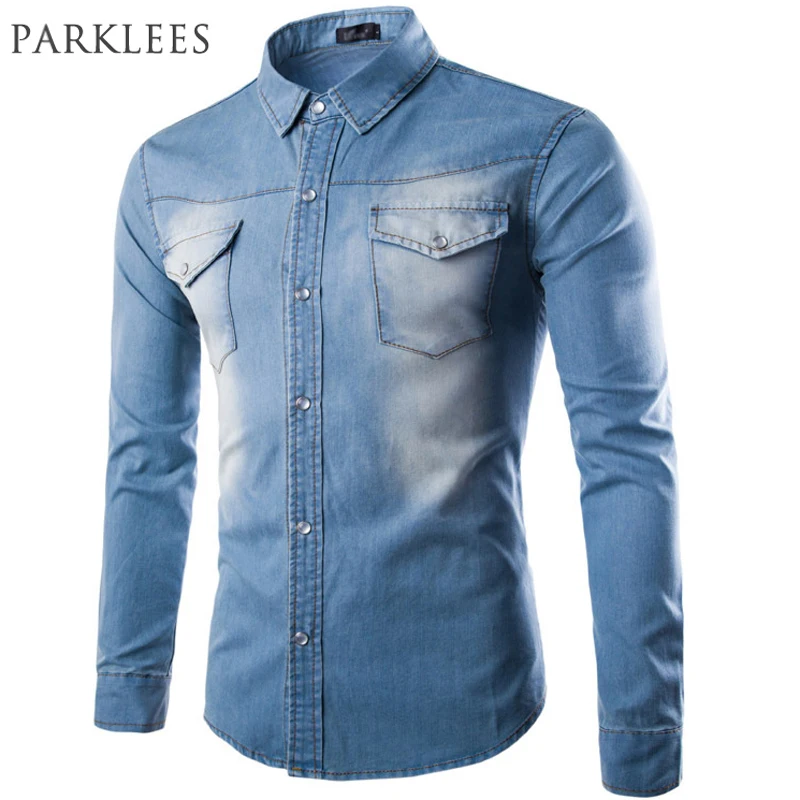 Brand Men Shirt 2016 Fashion Denim Design Mens Slim Fit