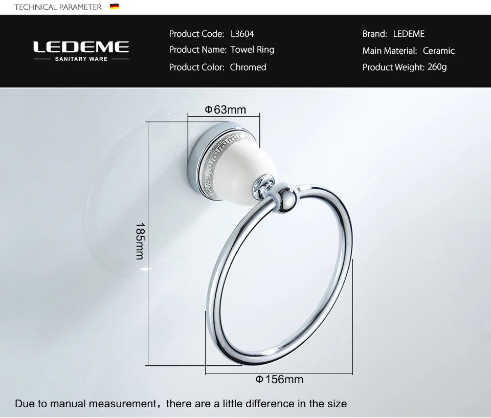 LEDEME круглый Стиль настенный Полотенца кольцо вешалка держатель Ванная комната Алюминий хромированный Керамика базы Ванна оборудования L3604