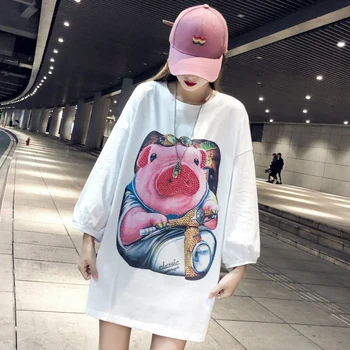 

Summer ladies short-sleeved 2019 spring and summer seven-point sleeve loose printed nail drill long cotton T-shirt top