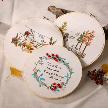 

3D Embroidery DIY Cross Stitch Kits Cartoon Flower Patterns Needlework Set with Embroidery Hoop Handmade Arts Crafts Sewing Gift