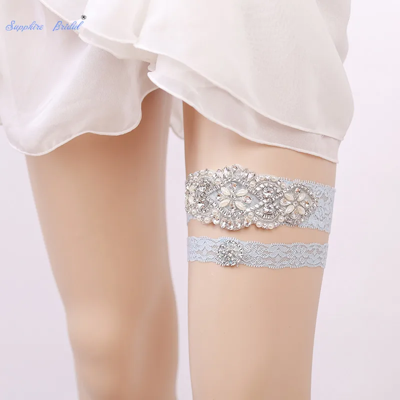 

Sapphire Bridal White/blue Lace Rhinestone Leg Garter 2 Pieces/set Fashion Stocking Wedding Garter for Women/Female/Bride