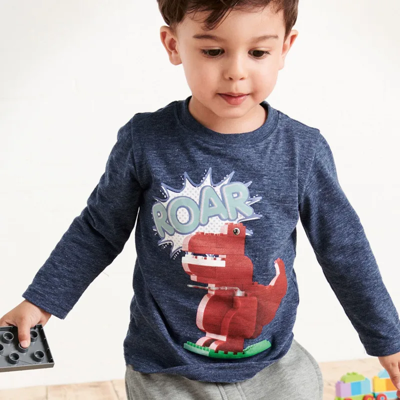 Jumping meter/футболки с длинными рукавами для мальчиков; хлопковая детская одежда с принтом животных; Осенняя блузка; футболки для маленьких мальчиков; топы с динозаврами