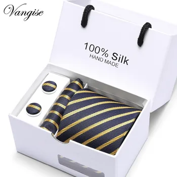 

3inch Slim Tie Man Wedding Tie Gold striped Silk Jacquard Men Tie+Handkerchief+ Cufflinks Gift Box Packaging Business