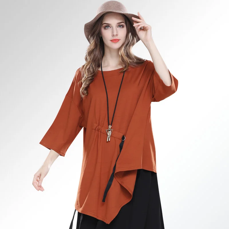 

2019 Fashion Women Spring Autumn Streetwear Irregular O-Neck Clothing Casual Loose Outdoor Top Tee Free
