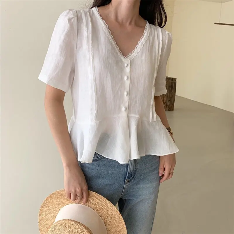 

Alien Kitty Elegant 2019 Casual Female Short Sleeves All-Match Summer New Arrival French Clasp Loose V-Neck Ruffles Sweet Shirts