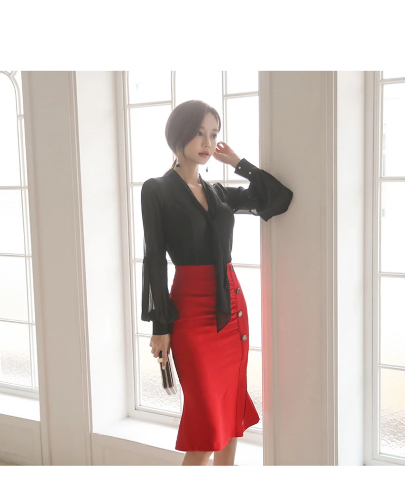 Элегантный комплект из 2 предметов, Черные блузки с v-образным вырезом и рукавами-фонариками и красная юбка с разрезом по бокам, модные женские комплекты в стиле OL,, высокое качество
