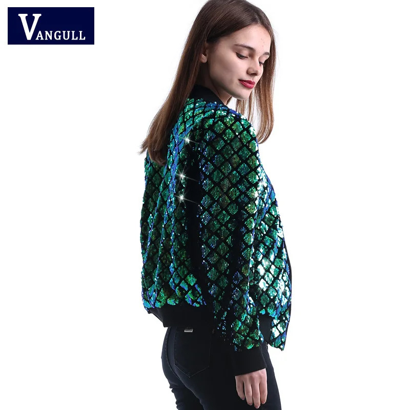 Vangull New Spring Autumn Women Sequin Coat Green Bomber Jacket Long Sleeve Zipper Streetwear Jacket Preppy Casual Basic Coat