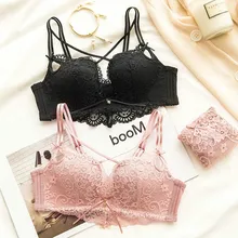 Roseheart Women Fashion Lace Bra Sets Cut Out Cross Straps Bow Bralette Soft Panties Push Up Underwear Sexy Lingerie Sets A B bowknot cut out lingerie bralette set