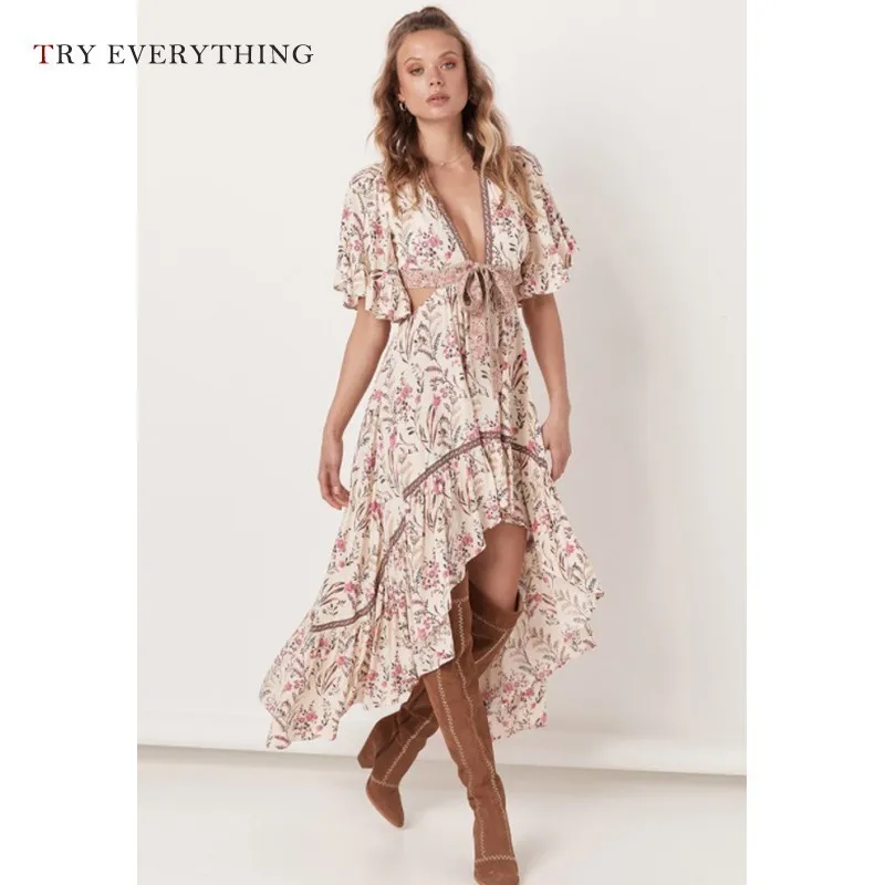 

Floral Boho Dress Summer Women 2019 New Ruffles Sexy Beach Dresses Ladies Backless A Line Holiday Casual Long Dress For Women