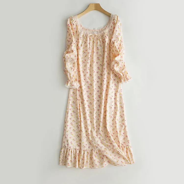 Новинка года, осенняя Женская Длинная Ночная рубашка в стиле принцессы ночная рубашка с цветочным узором, винтажные пижамы, roupao feminino