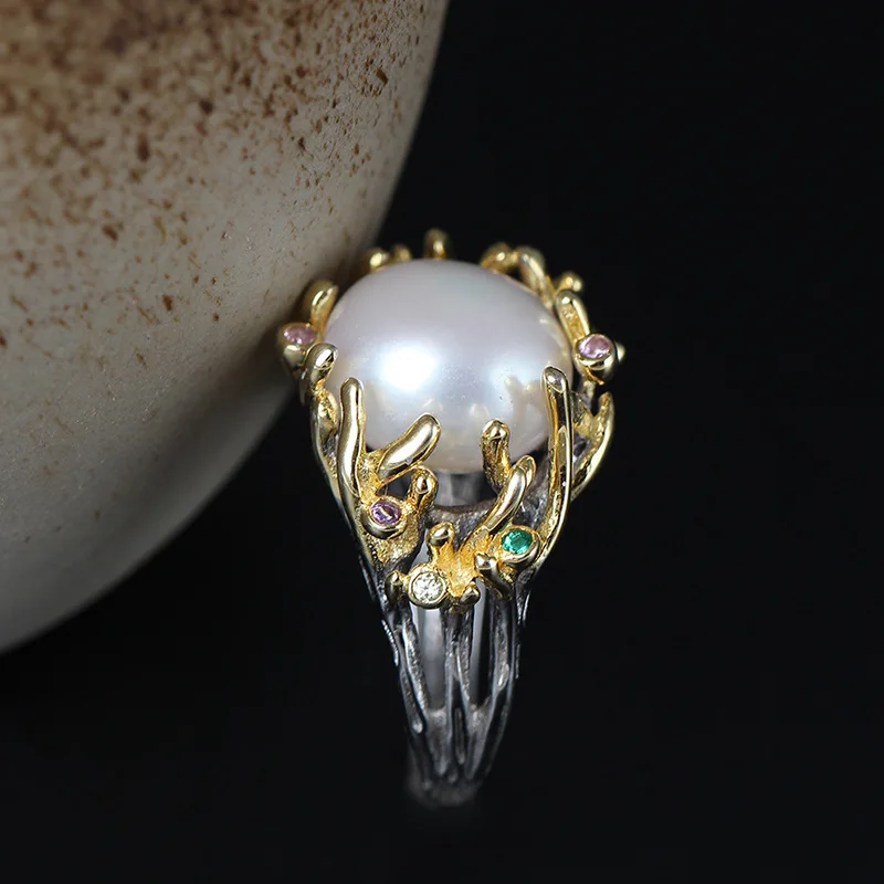 big pearl mini colorful CZ open ring shell 100% 925 Sterling silver Jewelry Vintage Adjustable rings for women gift