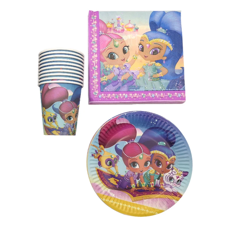 

60pcs/lot Happy Birthday Party Decoration Shimmer and Shine Theme Disposable Plates Cups Baby Shower Girls Favors Paper Napkins