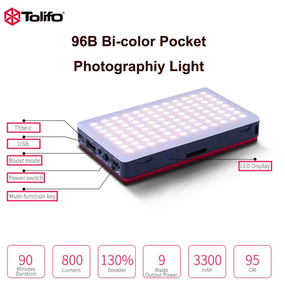 Tolifo светодиодный карманный фонарь двухцветный светодиодный осветительный прибор для сьемок High CRI95 Видеостудия заполняющий свет с регулируемой яркостью для DSLR камер
