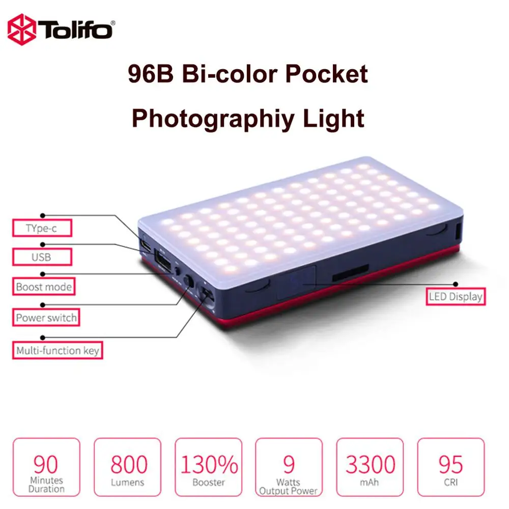  Tolifo LED Pocket Lamp Bi-color LED Photography Light High CRI95 Video Studio Fill Light Dimmable f