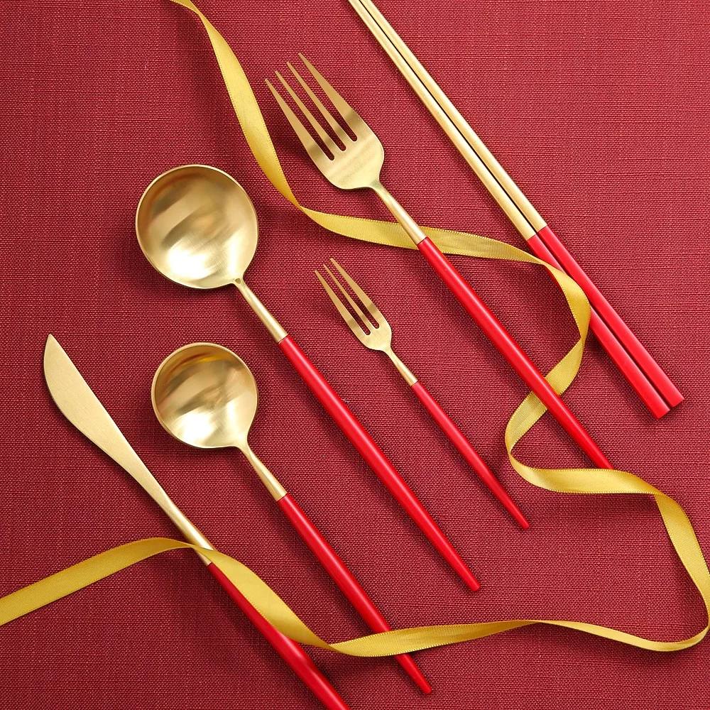 

Luxury Stainless Steel Cutlery Set Dinner Fork Knife Dessert Spoons Fruit Forks Chopsticks Tableware Home Restaurant Supplier