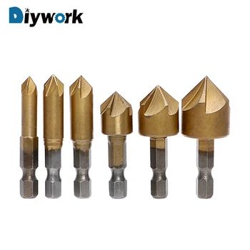 

DIYWORK 6PCS HSS 6mm-19mm 5 Flute Drill Bit Wood Chamfering Cutter Chamfer 90 Degree Chamfer Countersink Useful