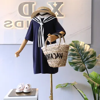 

WLG girls summer preppy style dresses kids dark blue short sleeve dress baby casual clothes