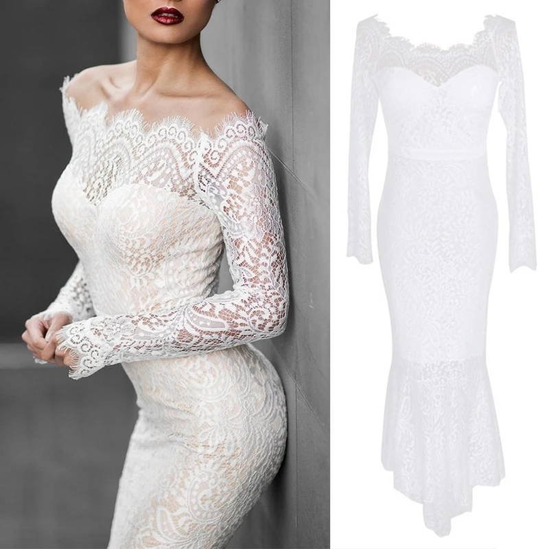 

2017 Women Long Sleeve Boat Neck Lace Fishtail Evening Prom White Dress