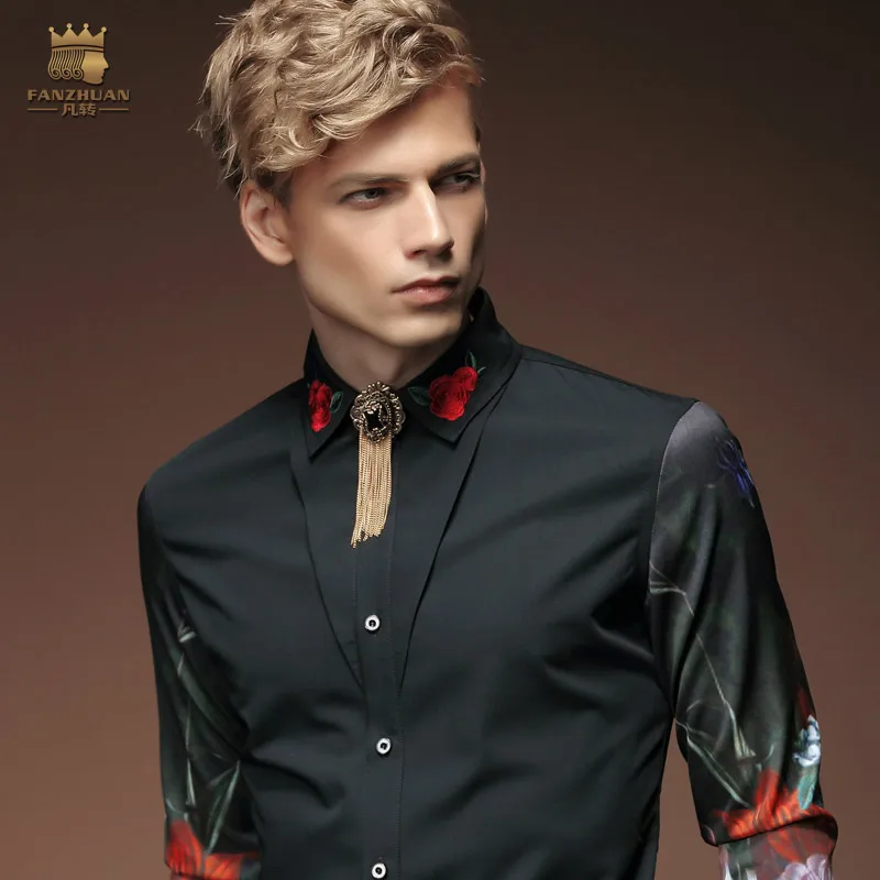 Fashion Casual Men Korean Long Sleeved Shirt Black Embroidery Flower 2033 FanZhuan