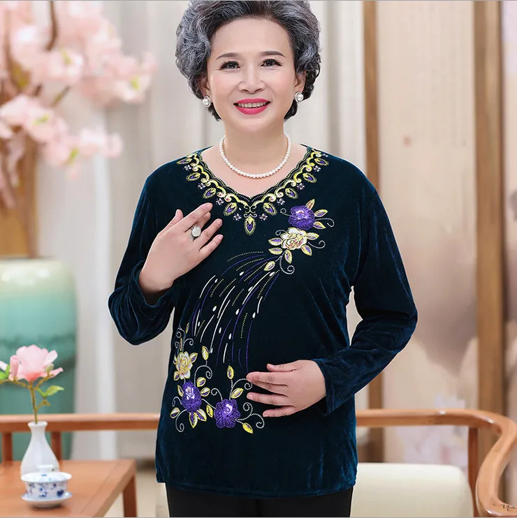 Велюровые рубашки женские с длинным рукавом Пуловеры джемпер Весна Осень нового размера плюс среднего возраста топы для мамы