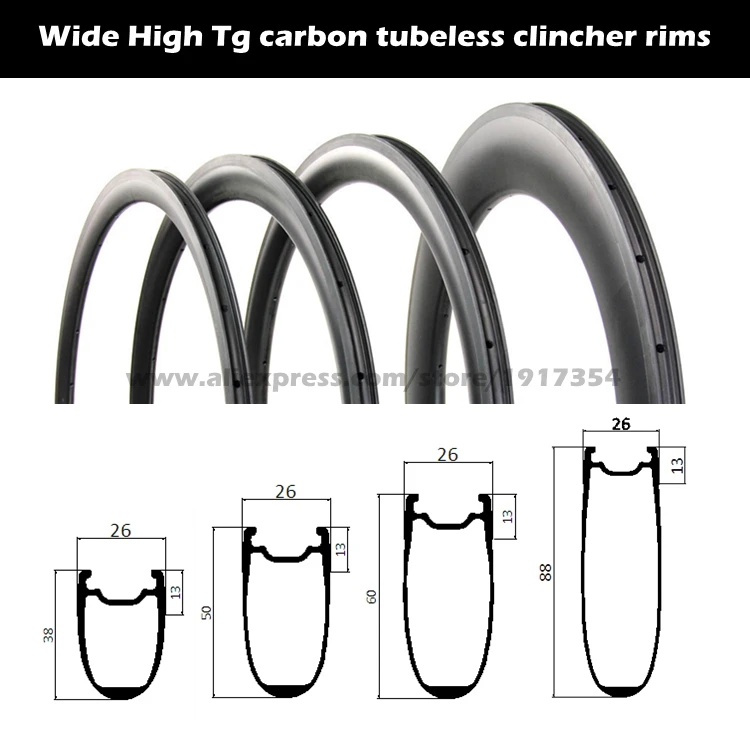 Wide carbon tubeless clincher rims, 700C High Tg carbon clincher rims for road bike wheels