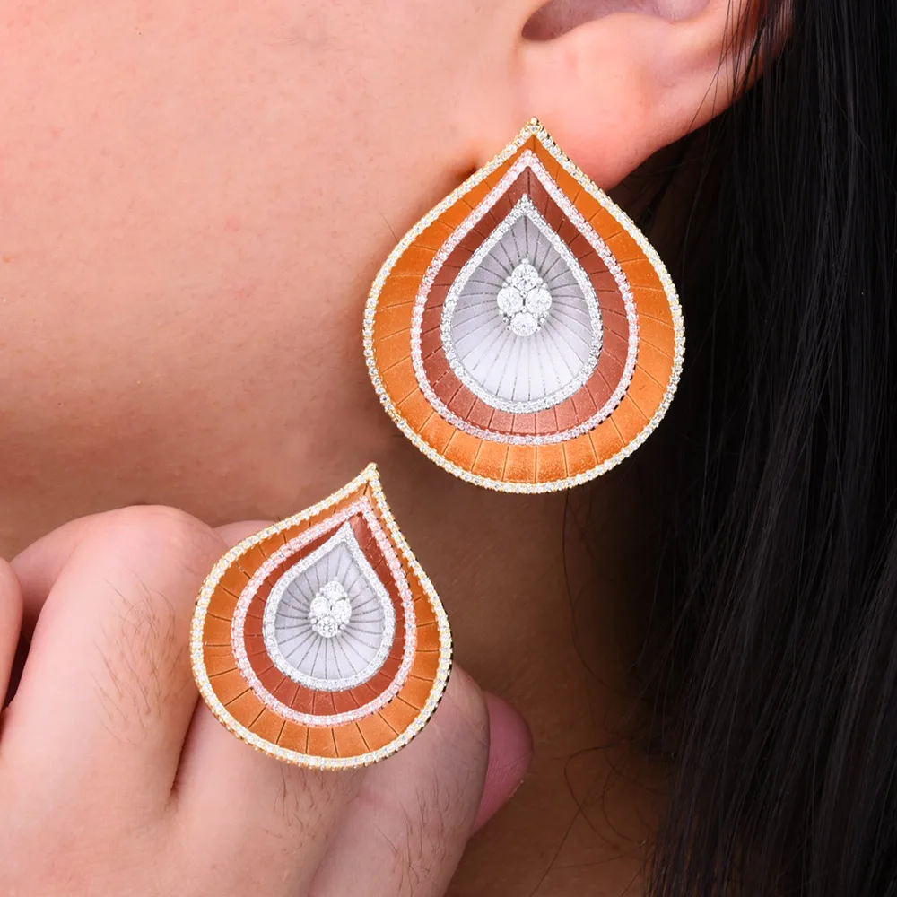 GODKI Exclusive Layers Water Drop Tear Fashion Luxury Cubic Zirconia Women Dubai Africa Engagement Earring Ring Jewelry Set