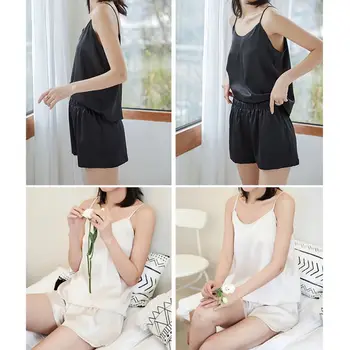 

6 Colors Women Plus Size Summer Ice Silk Two Piece Pajamas Set Spaghetti Straps Camisole Wide Leg Shorts Loose Sleepwear L-3XL