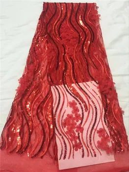

High quality white African 3d lace fabric sequins french tulle lace fabric 2019 latest arrival hot sale 5 yards for dress Red