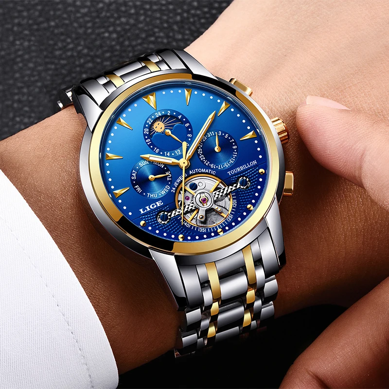 

Relogio Masculino Men's Automatic Mechanical Watch LIGE Top Brand Luxury Men's Fashion Business Watch Men Waterproof Watch+Box