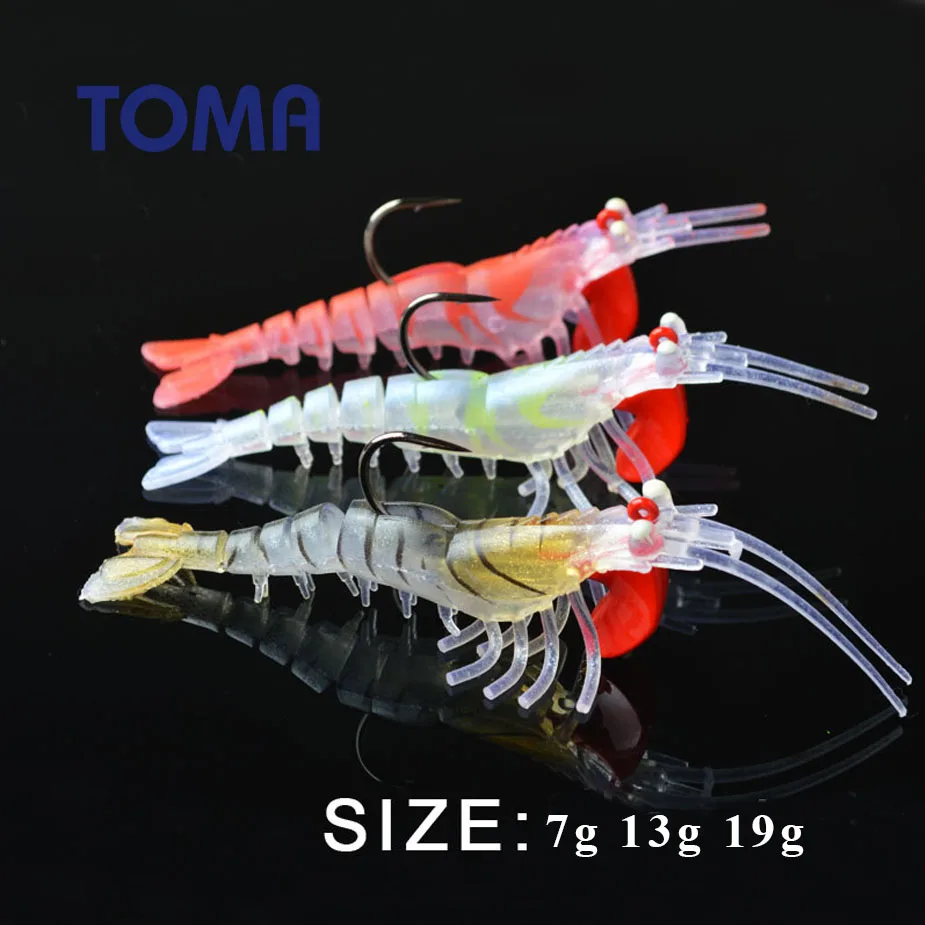 

TOMA 1PCS Soft Shrimp Bait Lead Hook Fishing Lures 7g 13g 19g Jig Head Soft Lure Artificial Boat Fishing Seabass Bait